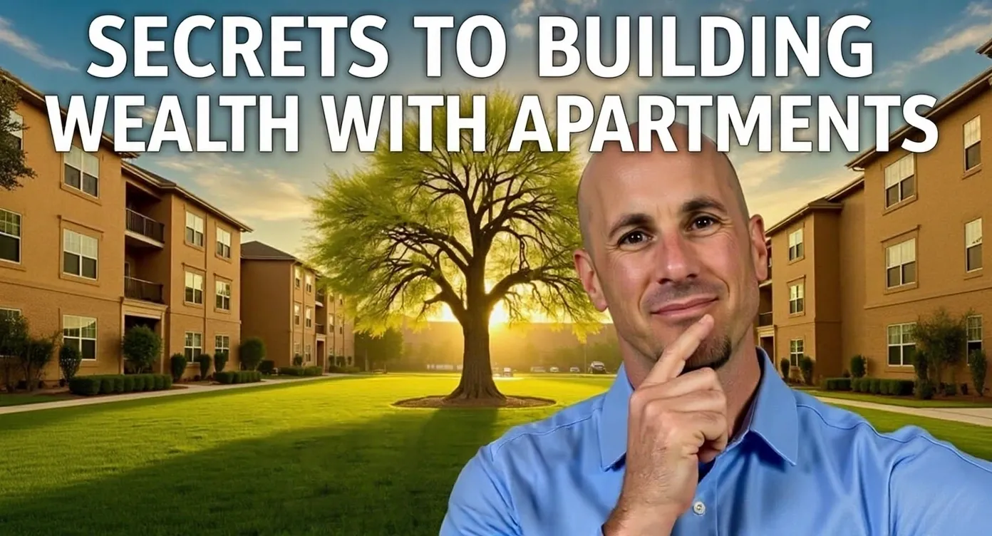 Man pondering in front of apartments, text overlay.