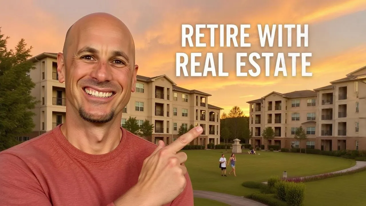 Man pointing at apartment buildings, sunset background.