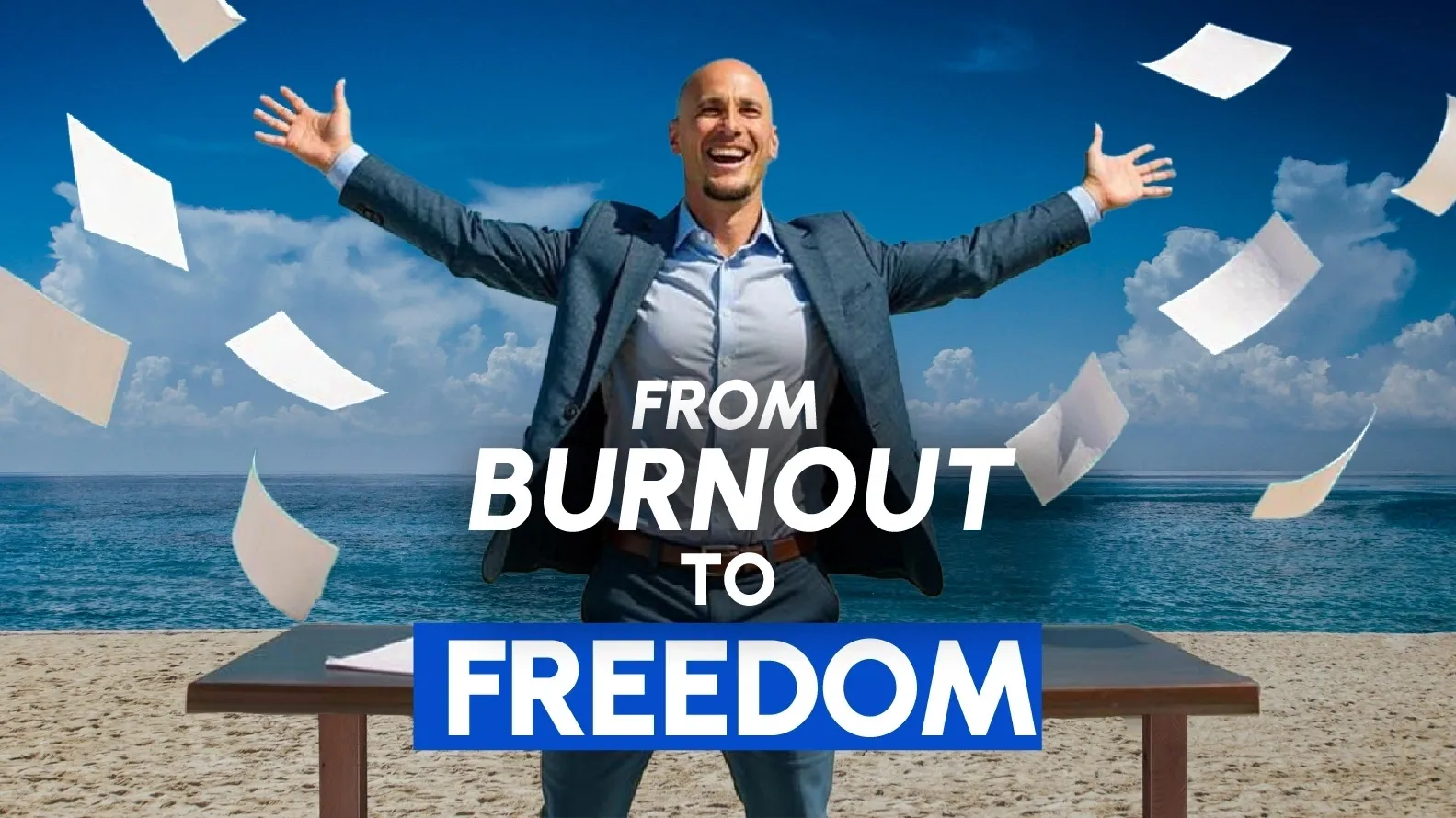 Man celebrating freedom on the beach.