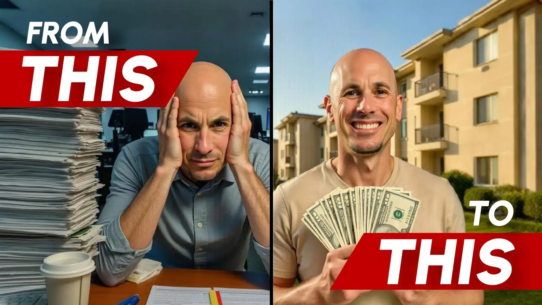 Man stressed with papers, then happy with money.