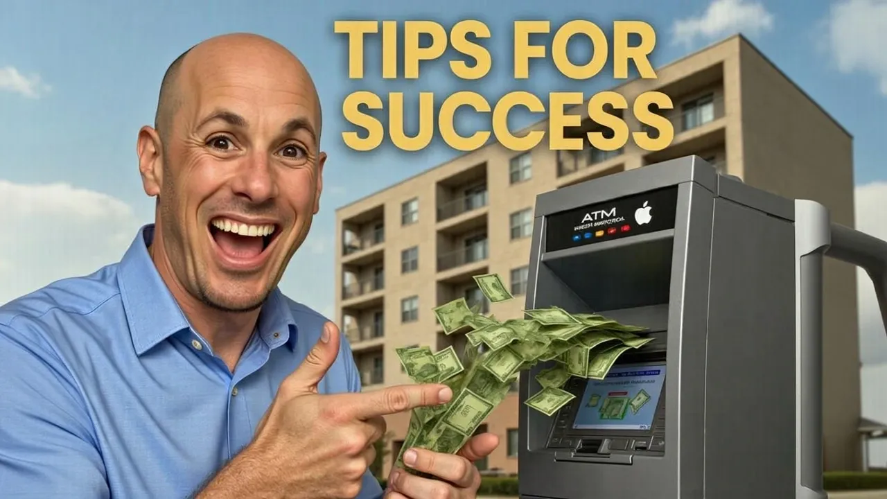 Man smiling, pointing at ATM with money.