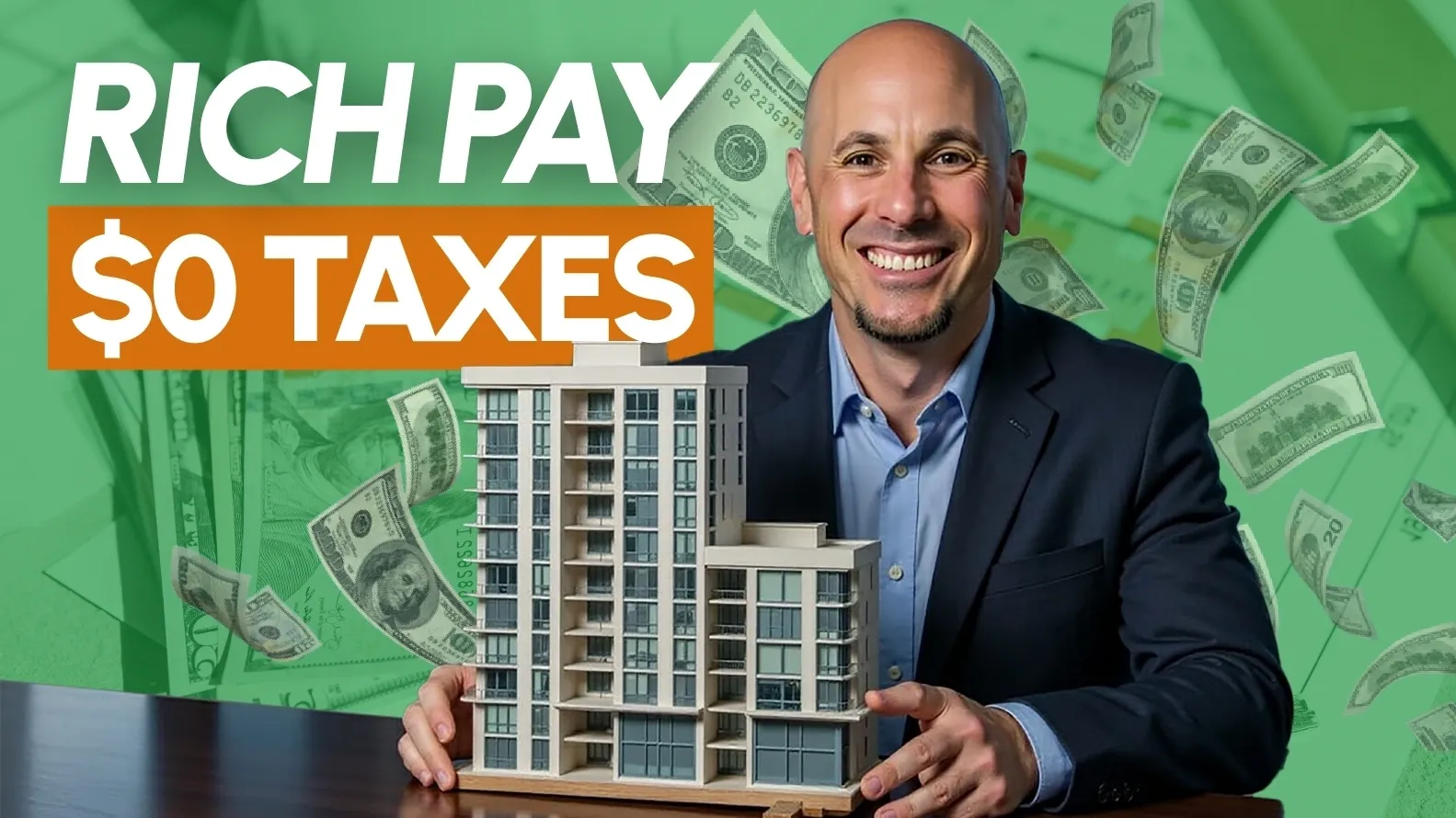 Man holding building model, money background.