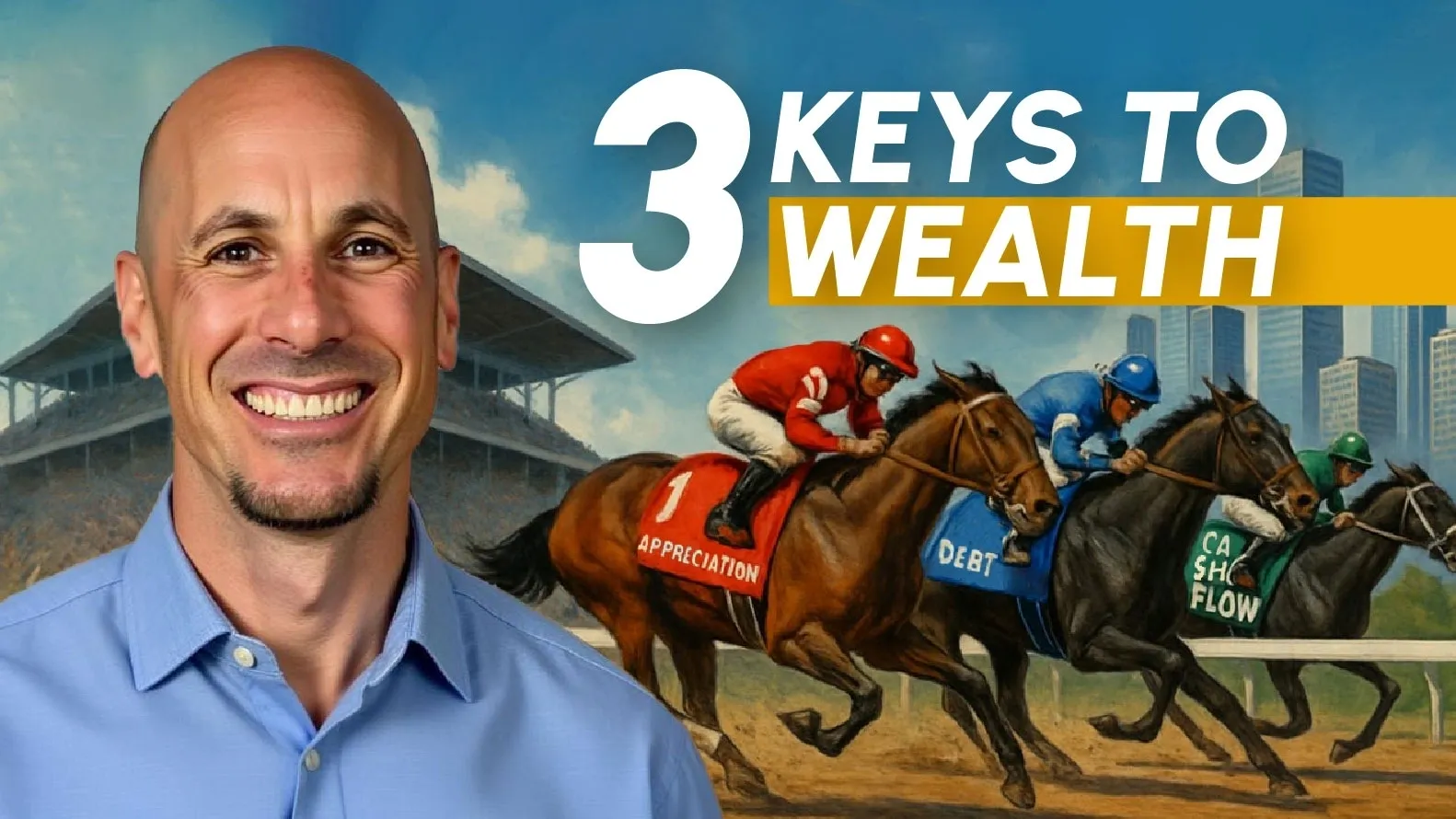 Man smiling with horse race illustration background.